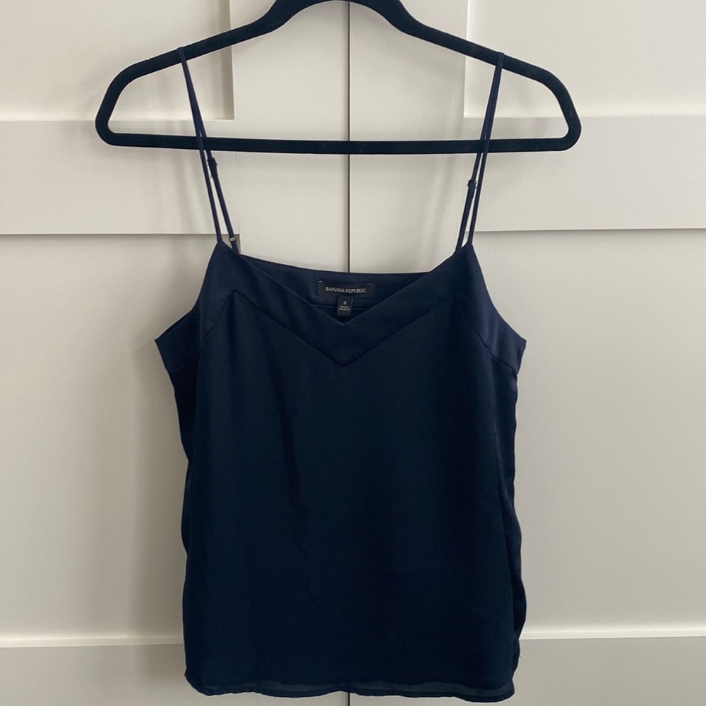 Banana Republic navy silk double layer camisole with satin trim and sides.